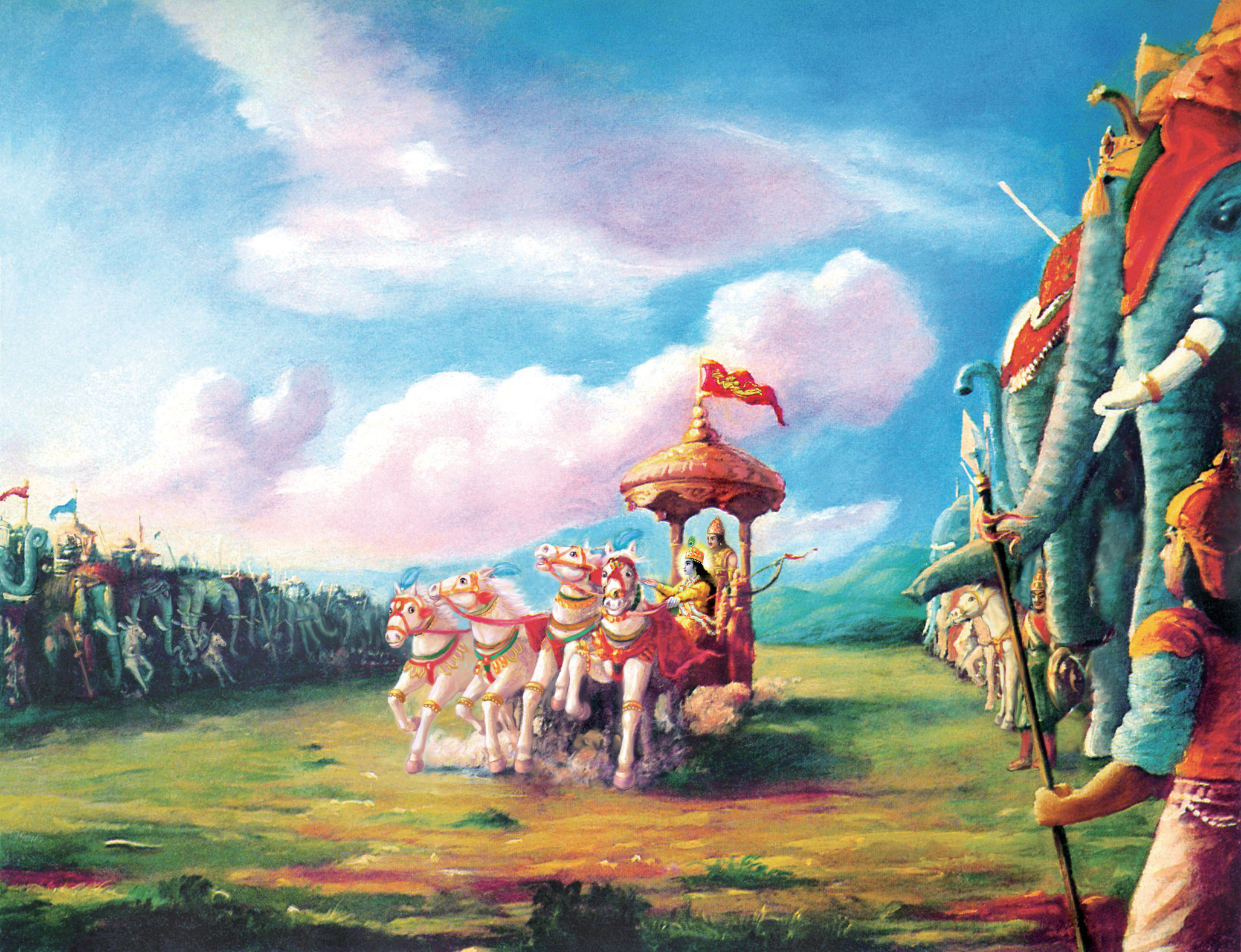 Bhagavad Gita: Krishna and Arjuna in the midst of the two armies.