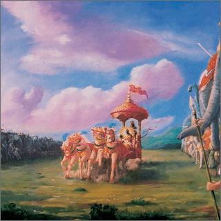 Krishna and Arjuna in the midst of the two armies.
